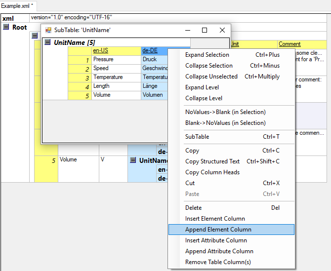 Append new element column in a subtable